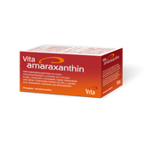 Bottle of Vita Amaraxanthin showing vegan icon and Swiss manufacturing label